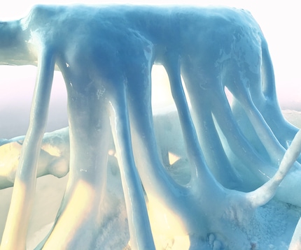 Close up of above ground pipes covered in a thick frost caused by liquid nitrogen.
