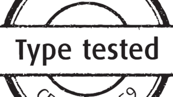 A black Type tested certification stamp logo on white backgroud showing ISO number.