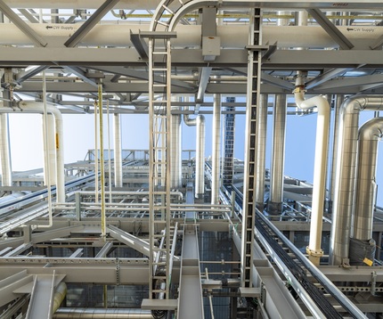 View of chemical plant overhead piping