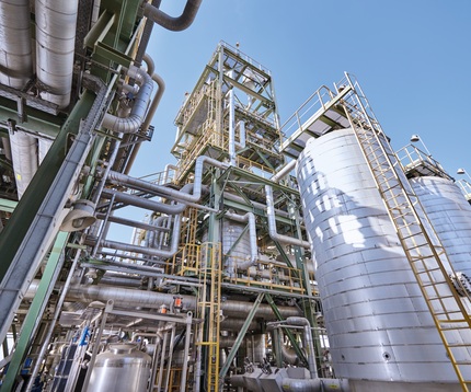 “View of reactor in a refinery complex”