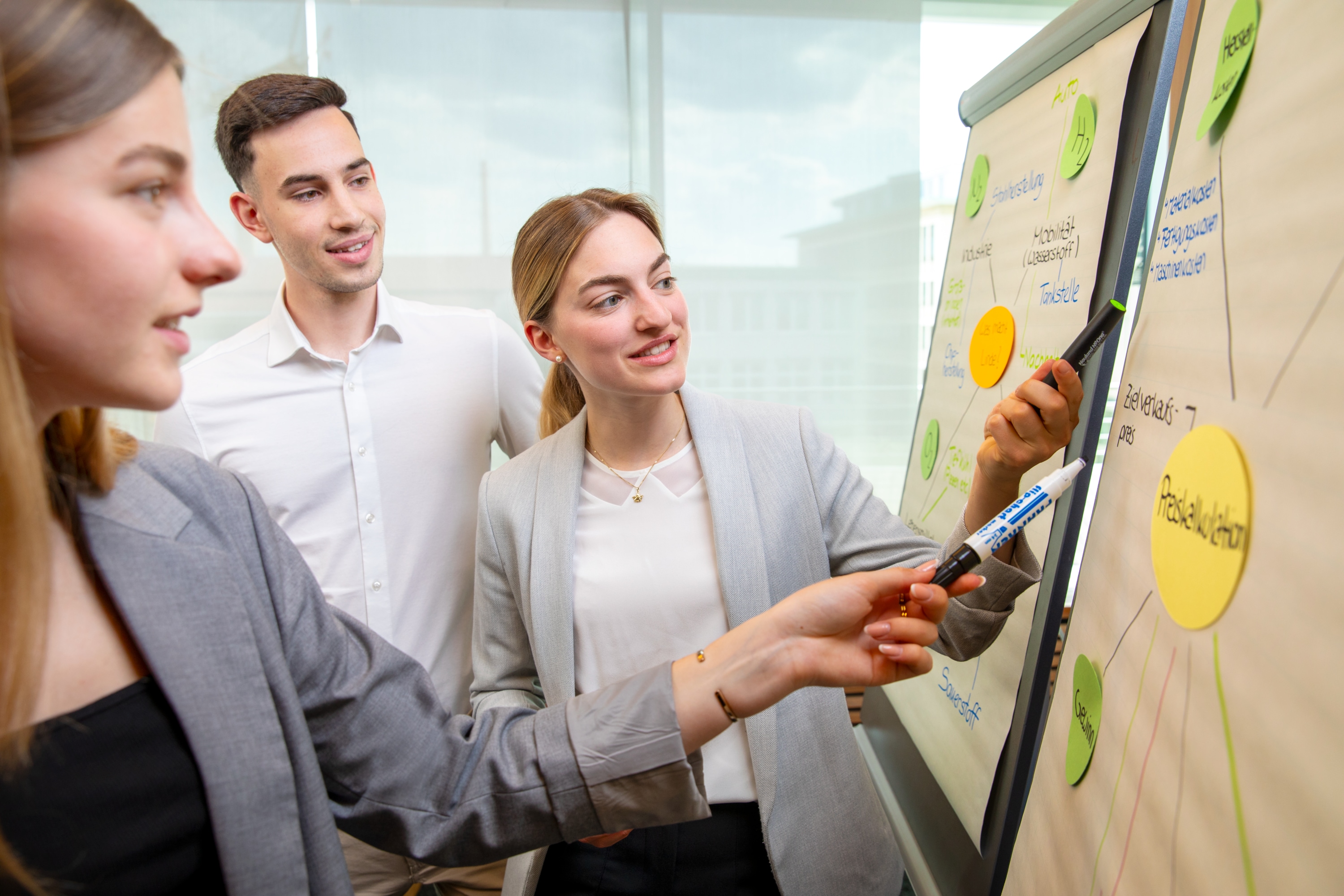 A group of three business apprentices consult at a flipchart