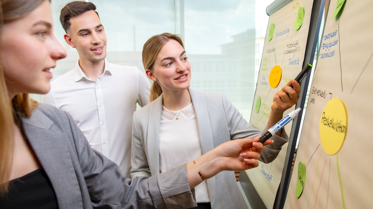 A group of three business apprentices consult at a flipchart