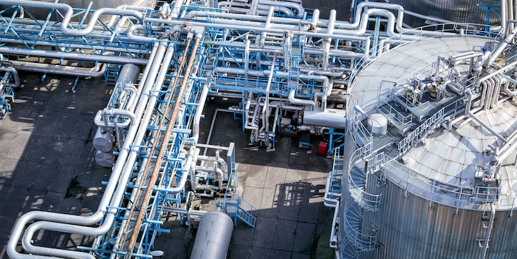 Aerial view of steel pipeline network at an industrial plant