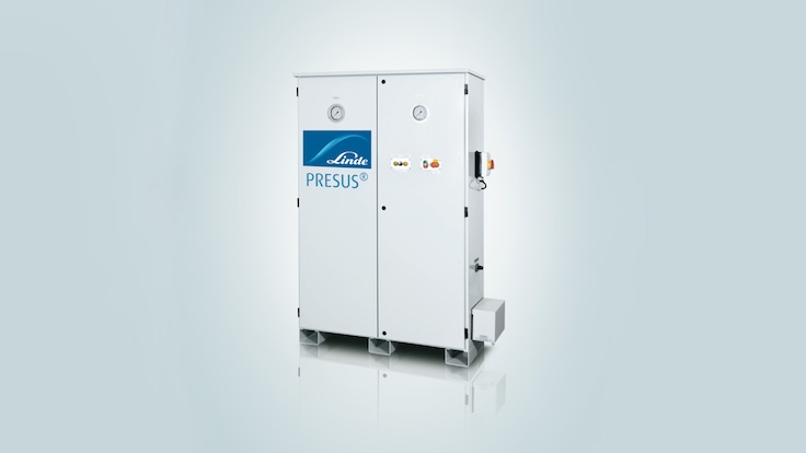 Linde-branded white industrial unit with two doors housing a pressure booster.