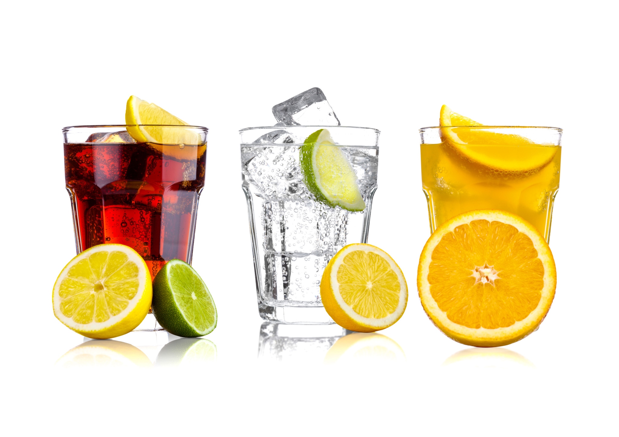 Glasses filled with a variety of sodas - different flavors