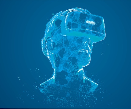 Virtual reality: man with VR-glasses and helmet mirrored