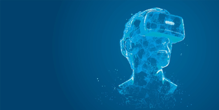 Virtual reality: man with VR-glasses and helmet mirrored