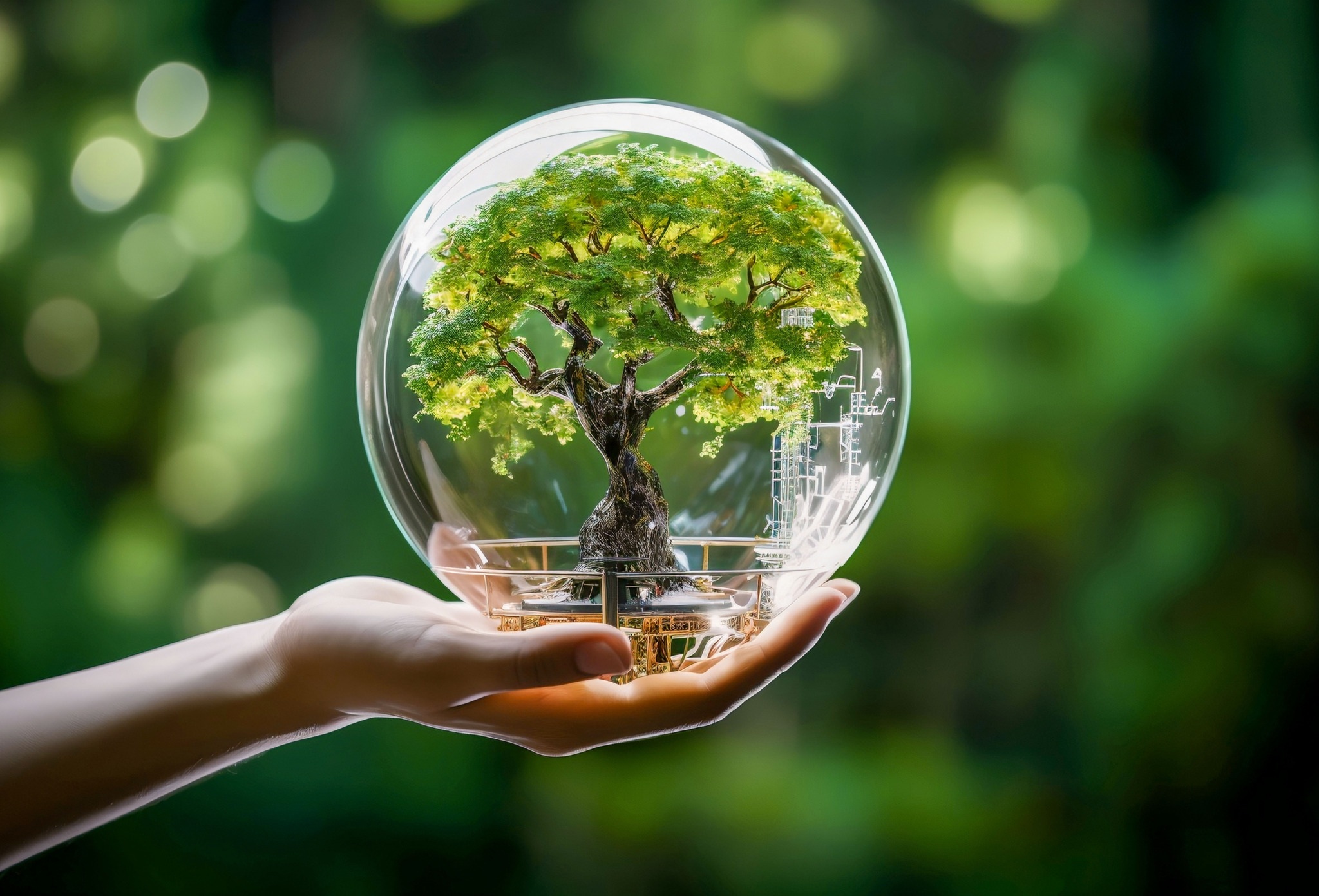  Tree symbolizes the earth in crystal glass globe holding by robot hand, AI-generated