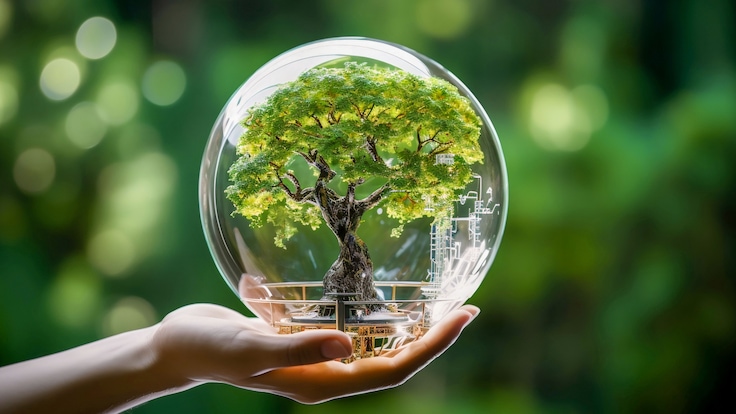 Tree symbolizes the earth in crystal glass globe holding by robot hand, AI-generated