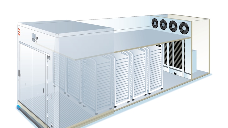 Arrow showing NITROBOOST system airflow through a blast freezer