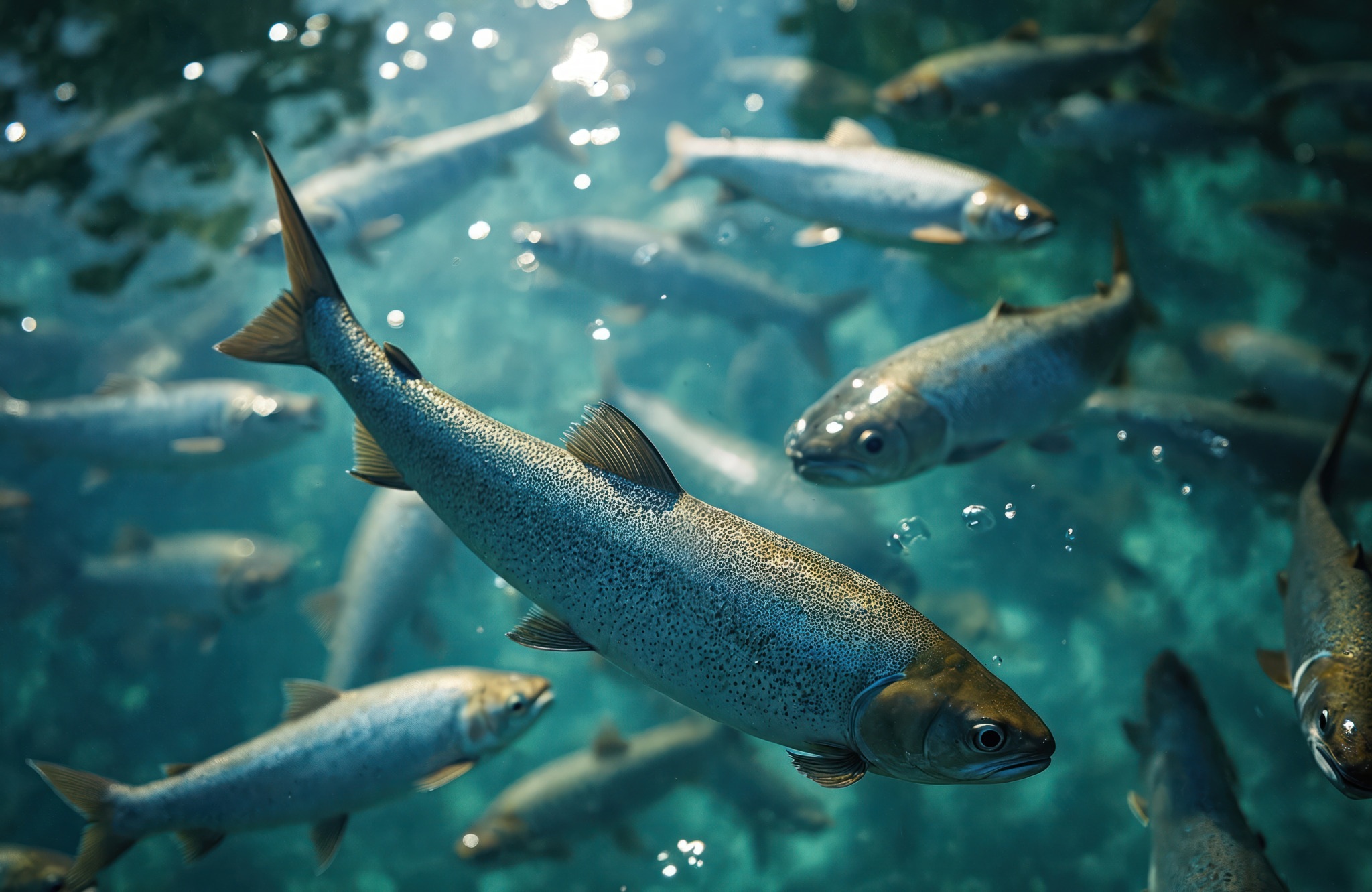 Trout swimming in fishpond