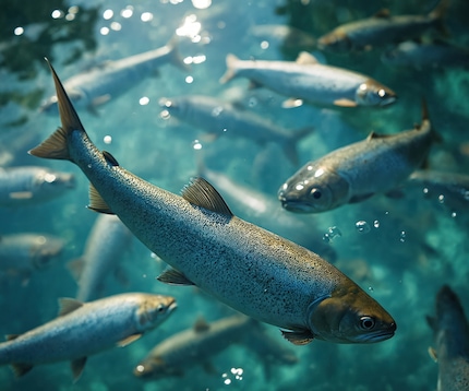 Trout swimming in fishpond
