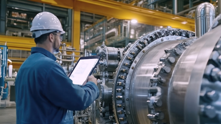 Engineer Inspecting Large Industrial Hydrogen Generator