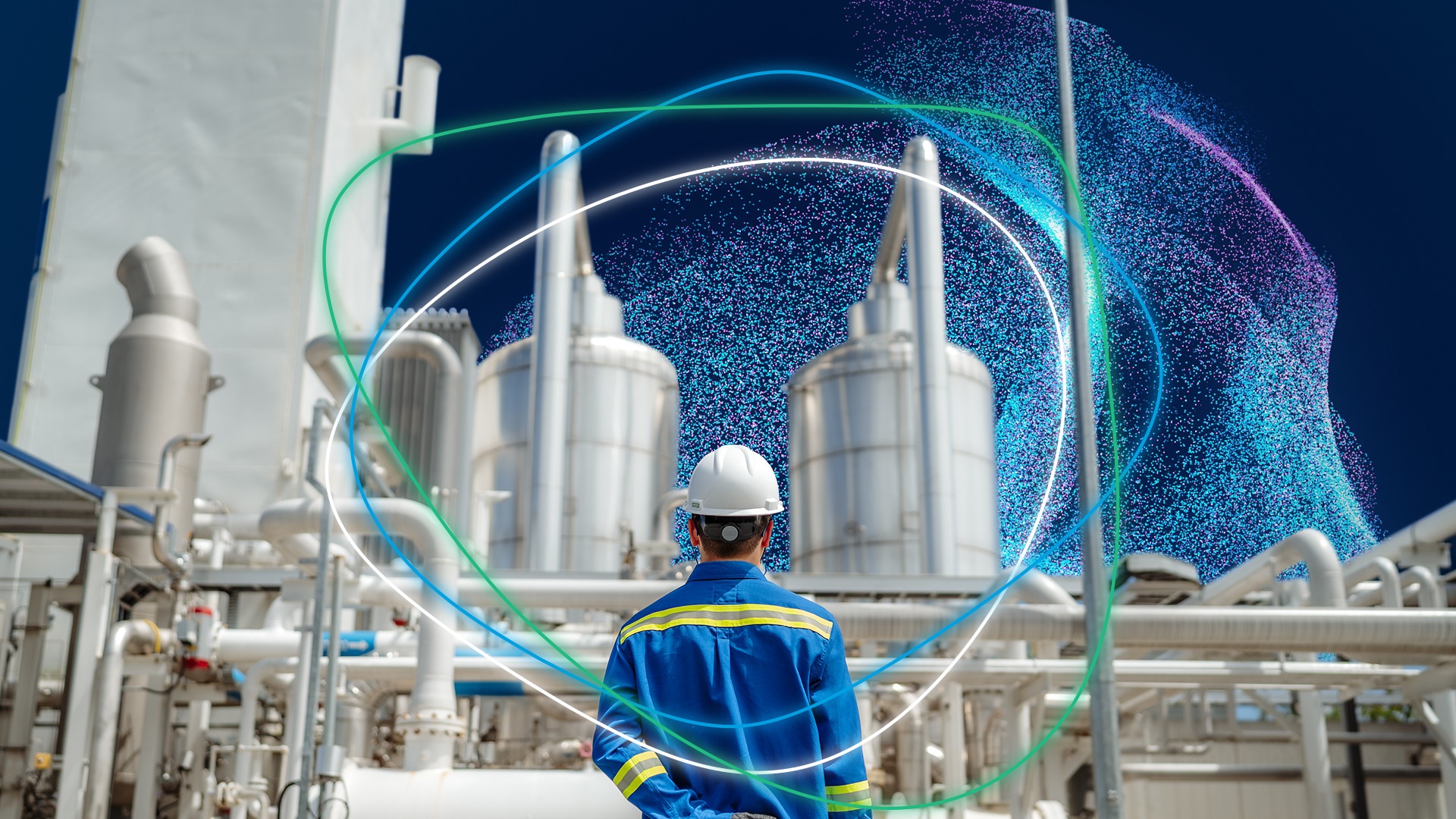 A Data cloud superimposed on an industrial plant with large gas cylinders