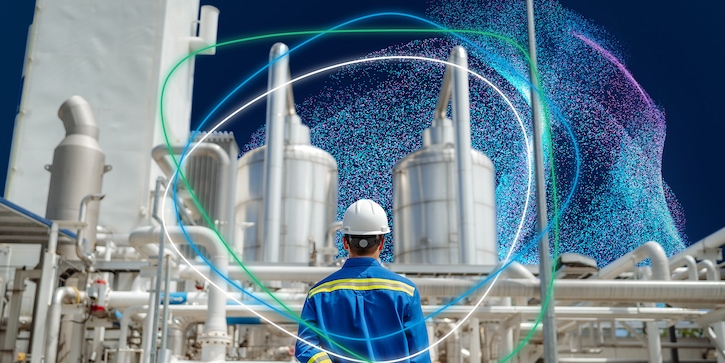 A Data cloud superimposed on an industrial plant with large gas cylinders