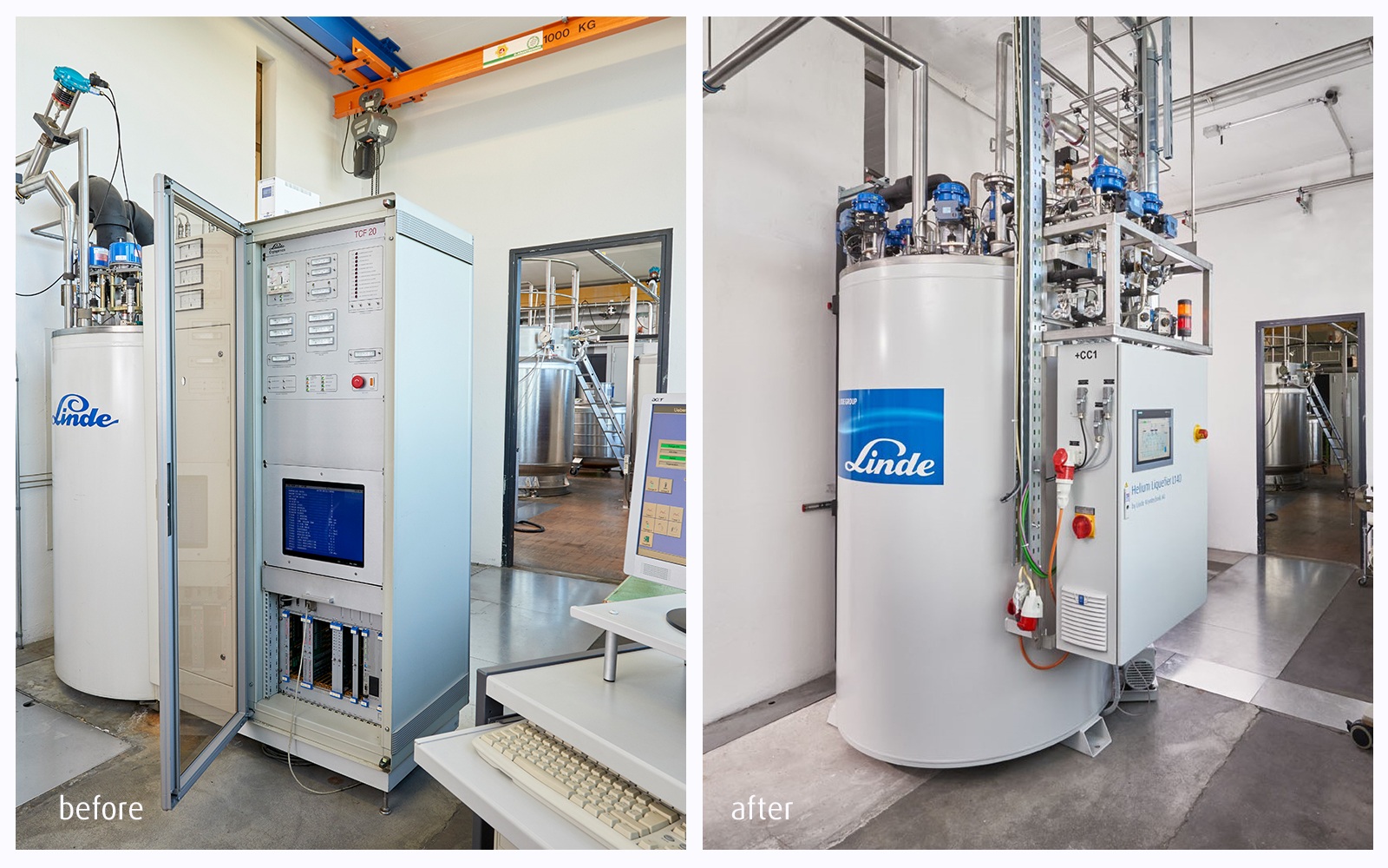 Comparative illustration of a modernization of a liqufaction plant, pic before on the left and after on the right.