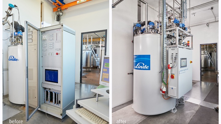 Comparative illustration of a modernization of a liqufaction plant, pic before on the left and after on the right.